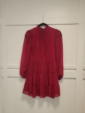 miami Red Tiered Swiss Dot High-Neck Dress